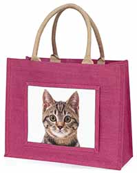 Brown Tabby Cats Face Large Pink Jute Shopping Bag