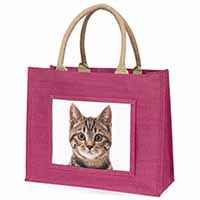 Brown Tabby Cats Face Large Pink Jute Shopping Bag