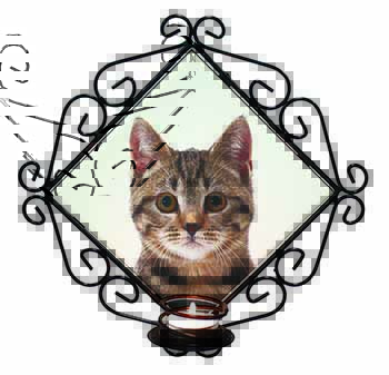 Brown Tabby Cats Face Wrought Iron Wall Art Candle Holder