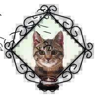 Brown Tabby Cats Face Wrought Iron Wall Art Candle Holder