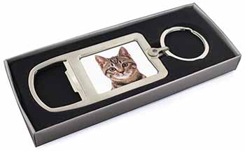 Brown Tabby Cats Face Chrome Metal Bottle Opener Keyring in Box