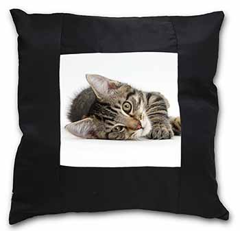 Adorable Tabby Kitten Black Satin Feel Scatter Cushion