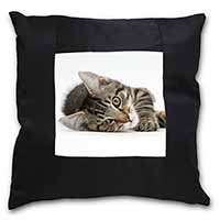 Adorable Tabby Kitten Black Satin Feel Scatter Cushion