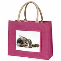 Adorable Tabby Kitten Large Pink Jute Shopping Bag