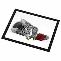 Cat with Red Rose Black Rim High Quality Glass Placemat