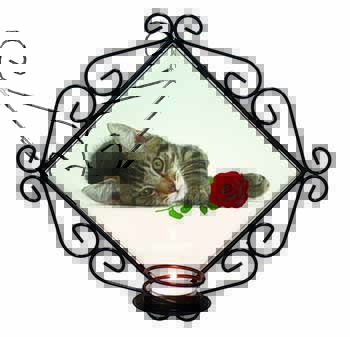 Tabby Kitten Cat with Red Rose Wrought Iron Wall Art Candle Holder