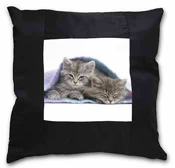 Kittens Under Blanket Black Satin Feel Scatter Cushion