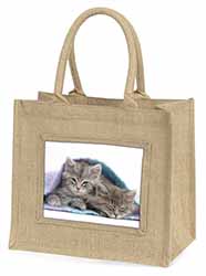Kittens Under Blanket Natural/Beige Jute Large Shopping Bag