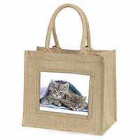 Kittens Under Blanket Natural/Beige Jute Large Shopping Bag