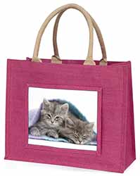 Kittens Under Blanket Large Pink Jute Shopping Bag