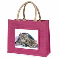 Kittens Under Blanket Large Pink Jute Shopping Bag