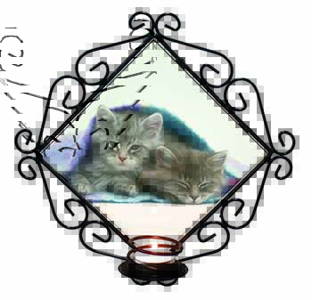Kittens Under Blanket Wrought Iron Wall Art Candle Holder