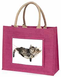 Kittens in Hammock Large Pink Jute Shopping Bag