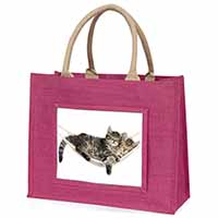 Kittens in Hammock Large Pink Jute Shopping Bag