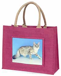 Siberian Silver Cat Large Pink Jute Shopping Bag