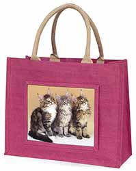 Cute Maine Coon Kittens Large Pink Jute Shopping Bag