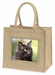 Beautiful Fluffy Black Cat Natural/Beige Jute Large Shopping Bag