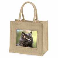 Beautiful Fluffy Black Cat Natural/Beige Jute Large Shopping Bag