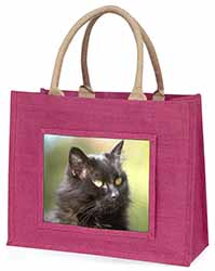 Beautiful Fluffy Black Cat Large Pink Jute Shopping Bag