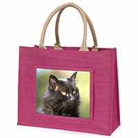 Beautiful Fluffy Black Cat Large Pink Jute Shopping Bag