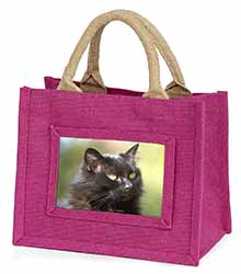 Beautiful Fluffy Black Cat Little Girls Small Pink Jute Shopping Bag