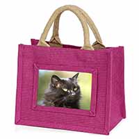 Beautiful Fluffy Black Cat Little Girls Small Pink Jute Shopping Bag