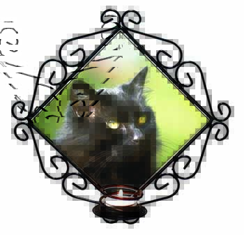 Beautiful Fluffy Black Cat Wrought Iron Wall Art Candle Holder