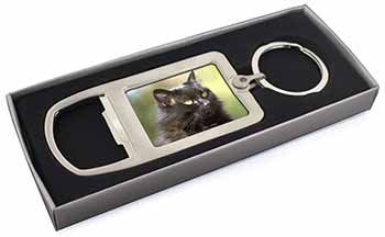 Beautiful Fluffy Black Cat Chrome Metal Bottle Opener Keyring in Box