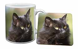 Beautiful Fluffy Black Cat Mug and Coaster Set