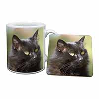 Beautiful Fluffy Black Cat Mug and Coaster Set