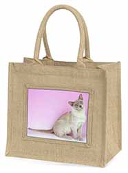 Lilac Burmese Cat Natural/Beige Jute Large Shopping Bag