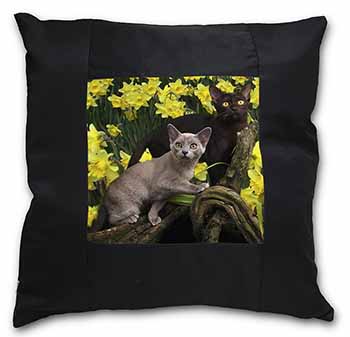 Burmese Cats Amoungst Daffodils Black Satin Feel Scatter Cushion