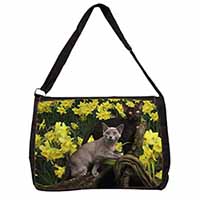 Burmese Cats Amoungst Daffodils Large Black Laptop Shoulder Bag School/College