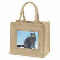 Blue Chartreax Cat Natural/Beige Jute Large Shopping Bag