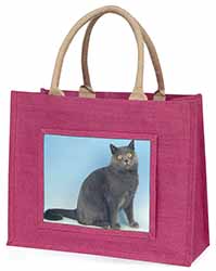 Blue Chartreax Cat Large Pink Jute Shopping Bag