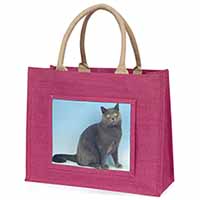 Blue Chartreax Cat Large Pink Jute Shopping Bag