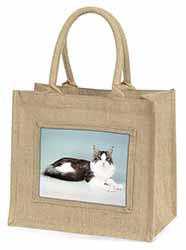 Silver, White Maine Coon Cat Natural/Beige Jute Large Shopping Bag