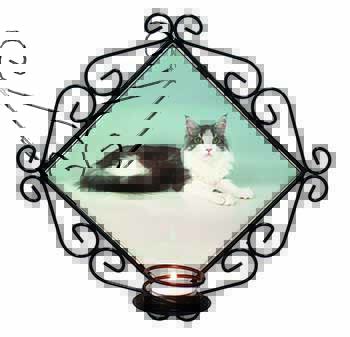Silver, White Maine Coon Cat Wrought Iron Wall Art Candle Holder