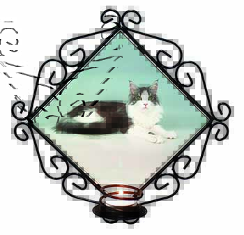 Silver, White Maine Coon Cat Wrought Iron Wall Art Candle Holder