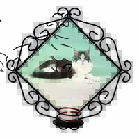 Silver, White Maine Coon Cat Wrought Iron Wall Art Candle Holder