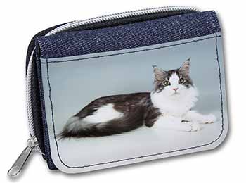 Silver, White Maine Coon Cat Unisex Denim Purse Wallet