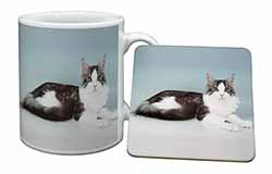 Silver, White Maine Coon Cat Mug and Coaster Set