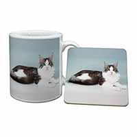 Silver, White Maine Coon Cat Mug and Coaster Set