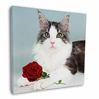 Gorgeous Cat with Red Rose Square Canvas 12"x12" Wall Art Picture Print
