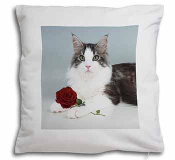 Gorgeous Cat with Red Rose Soft White Velvet Feel Scatter Cushion