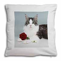 Gorgeous Cat with Red Rose Soft White Velvet Feel Scatter Cushion