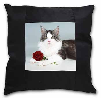 Gorgeous Cat with Red Rose Black Satin Feel Scatter Cushion