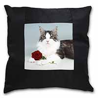 Gorgeous Cat with Red Rose Black Satin Feel Scatter Cushion