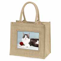 Gorgeous Cat with Red Rose Natural/Beige Jute Large Shopping Bag