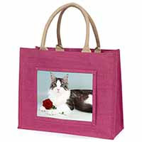 Gorgeous Cat with Red Rose Large Pink Jute Shopping Bag